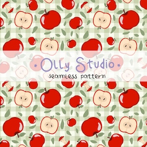 Apple Seamless Pattern, Green Gingham Apple Fabric, Farmhouse Wallpaper, Fruit summer background, Fruit Fabric Print, Textile Design jpg