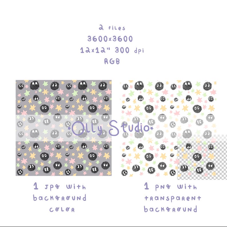 May include: Digital pattern set featuring black fuzzy soot sprites and pastel stars. Includes one JPG with a gray background and one PNG with a transparent background. Text reads: 2 files, 3600x3600, 12x12" 300 dpi, RGB, Olly Studio, 1 jpg with background color, 1 png with transparent background.