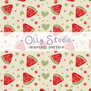 Pode incluir: Um padrão contínuo com ilustrações em aguarela de fatias de melancia vermelha com casca verde, intercaladas com pequenos pontos vermelhos e corações verde-claros sobre um fundo bege. O texto Olly Studio seamless pattern está centrado.