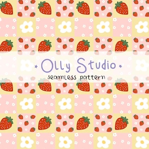 Strawberry and daisy Patchwork Seamless Pattern, Strawberry background,  Strawberry Digital Paper, Cottage Core Seamless File, Summer fruit