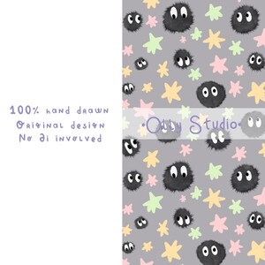 May include: A gray fabric pattern featuring fuzzy black soot sprites with large white eyes, interspersed with pastel yellow, pink, and light green stars. Text on the left reads: 100% hand drawn Original design No AI involved. Olly Studio is visible.