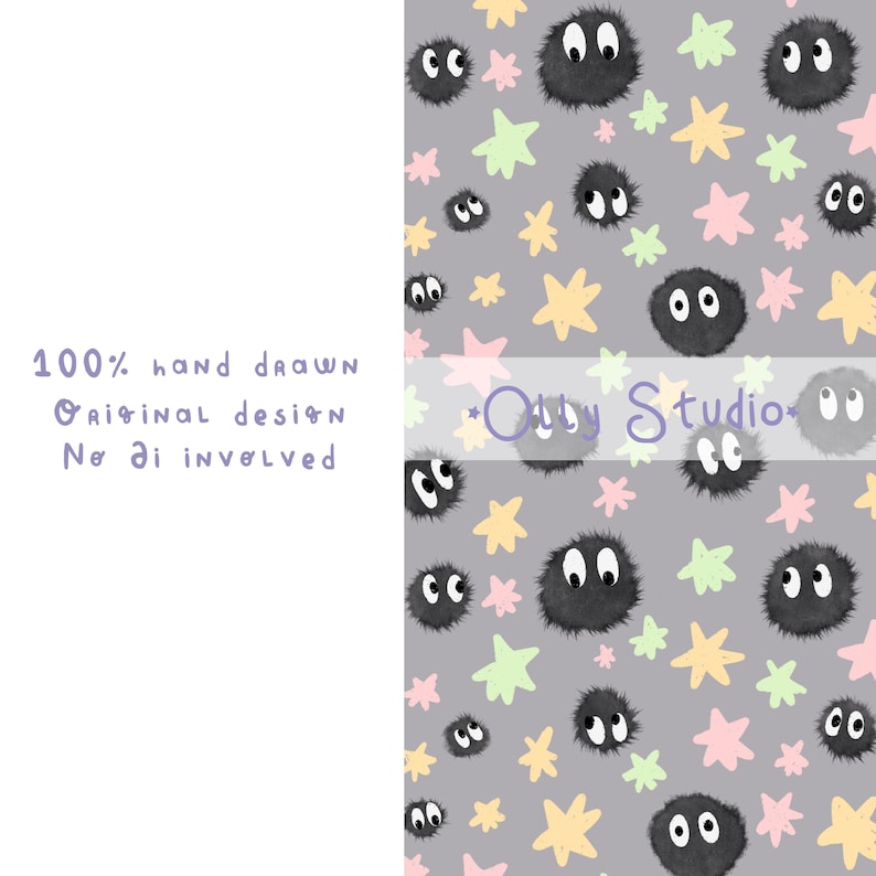 May include: A gray fabric pattern featuring fuzzy black soot sprites with large white eyes, interspersed with pastel yellow, pink, and light green stars. Text on the left reads: 100% hand drawn Original design No AI involved. Olly Studio is visible.