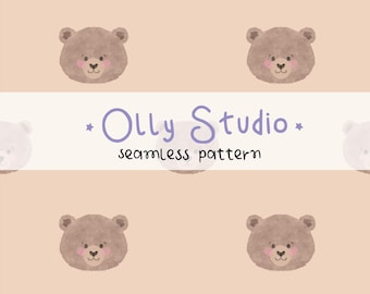 Watercolor Teddy Bear Seamless Pattern, Bear Scrapbook paper, Neutral Nursery Digital Paper, Gender Neutral Background, Digital Pattern