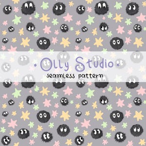 May include: A seamless pattern on a gray background featuring fuzzy black soot sprites with large white eyes, interspersed with small pastel yellow, pink, and light green stars. The text Olly Studio seamless pattern is centered.