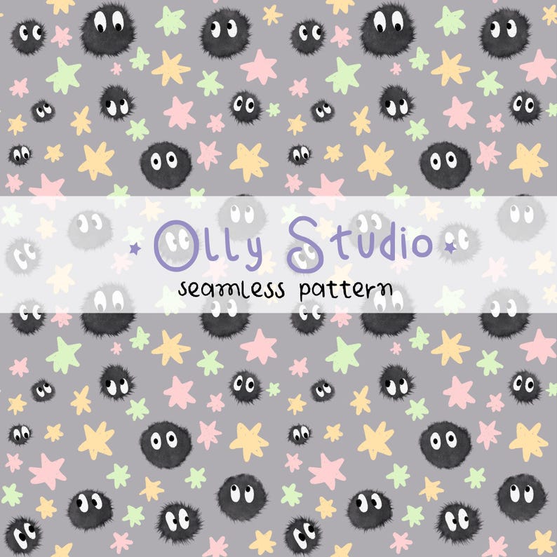 May include: A seamless pattern on a gray background featuring fuzzy black soot sprites with large white eyes, interspersed with small pastel yellow, pink, and light green stars. The text Olly Studio seamless pattern is centered.