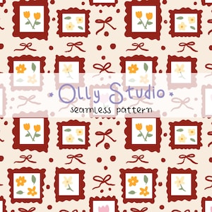 May include: A seamless pattern on a cream background featuring repeating dark red ornate frames containing yellow flowers with green leaves, interspersed with small dark red bows and dots. The text Olly Studio seamless pattern is visible.