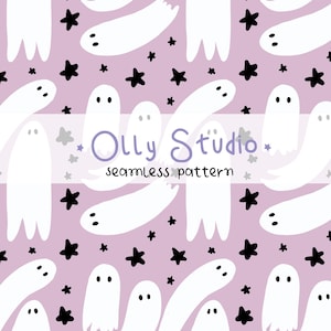 Pode incluir: Um padrão sem costura com fantasmas brancos e estrelas pretas num fundo roxo claro. O texto Olly Studio seamless pattern está centrado horizontalmente no meio da imagem numa fonte de escrita e impressão roxo escuro.