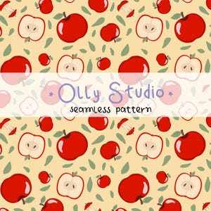 Pode incluir: Um padrão contínuo com maçãs vermelhas e fatias de maçã sobre um fundo amarelo claro com folhas verdes espalhadas. O texto Olly Studio seamless pattern está centralizado no meio da imagem com uma fonte roxa e preta.
