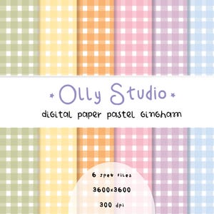 Pode incluir: Uma coleção de seis padrões de papel digital com um design de xadrez vichy em tons pastel verde, amarelo, laranja, rosa, roxo e azul. O texto diz Olly Studio, digital paper pastel gingham, 6 jpeg files, 3600x3600 e 300 dpi.