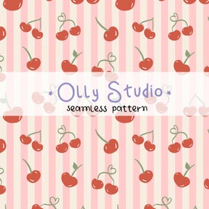 Simple Cherry and Stripes Seamless Pattern, Cherries Printable Repeat, Cherry and pastel stripes background, Vintage Cherries Digital Paper