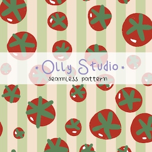 Pode incluir: Um padrão contínuo de tomates vermelhos com caules verdes espalhados sobre um fundo de riscas verticais bege claro e verde pálido. O texto Olly Studio seamless pattern está centrado numa faixa horizontal branca sobre a imagem.