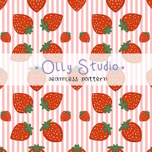 Pode incluir: Um padrão contínuo com morangos vermelhos e folhas verdes sobre um fundo de riscas verticais cor-de-rosa claro e branco. O texto Olly Studio seamless pattern está centrado no meio da imagem com um tipo de letra roxo.