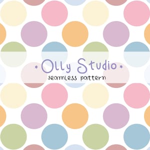 Könnte beinhalten: Ein nahtloses Muster mit einem Raster aus einfarbigen Kreisen in Pastelltönen wie Rosa, Gelb, Orange, Lavendel, Grün und Blau auf weißem Grund. Der Text Olly Studio seamless pattern ist mittig in violetter Schreibschrift und schwarzem Druck.