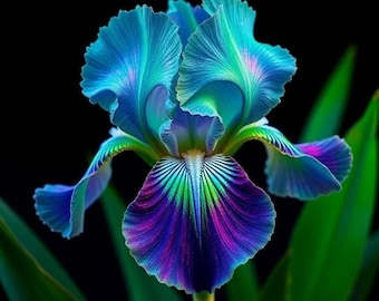 May include: A close-up of a vibrant iris flower with layered petals in shades of blue, teal, and purple. The flower has a detailed, textured appearance with green leaves against a black background. The flower's center features intricate patterns.