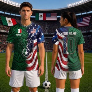 May include: A soccer jersey featuring a split design of the Mexican and American flags, with a central soccer ball graphic. The front displays Mexico and USA text with national emblems. The back shows the text YOUR NAME and the number 10.