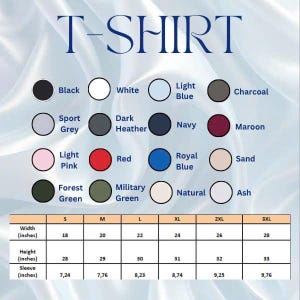 Pu&ograve; includere: Immagine di una tabella colori e taglie di magliette. I colori includono nero, bianco, azzurro, carbone, grigio sport, heather scuro, blu navy, marrone, rosa chiaro, rosso, blu reale, sabbia, verde foresta, verde militare, naturale e cenere. Taglie dalla S alla 3XL.
