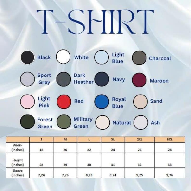 Pu&ograve; includere: Immagine di una tabella colori e taglie di magliette. I colori includono nero, bianco, azzurro, carbone, grigio sport, heather scuro, blu navy, marrone, rosa chiaro, rosso, blu reale, sabbia, verde foresta, verde militare, naturale e cenere. Taglie dalla S alla 3XL.