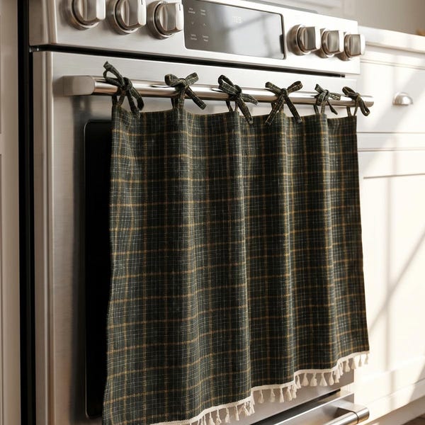 Faldón para horno hecho a mano, decoración de cocina rústica, panel de cortina estilo cottagecore boho.