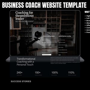 May include: A website template for business coaches, shown on a laptop screen. The template includes sections for coaching, branding, and contact information. Text on the screen reads "Coaching for the ambitious leader" and "Transformational Coaching with a Personal Touch."