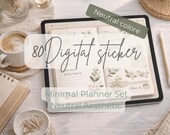 Dark Green Botanical Planner Stickers, 80 Digital Stickers for Good　Notes, Minimal Neutral Aesthetic, iPad Planner Stickers, Printable PNG