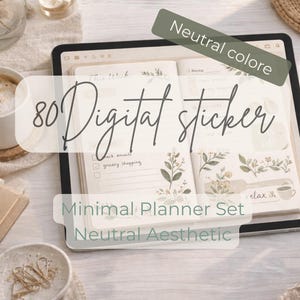Dark Green Botanical Planner Stickers, 80 Digital Stickers for Good　Notes, Minimal Neutral Aesthetic, iPad Planner Stickers, Printable PNG