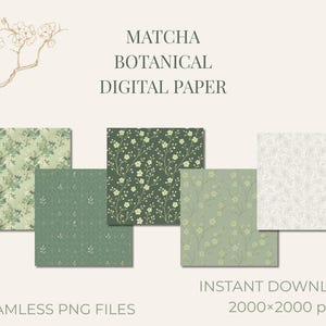 以下が含まれることがあります： 抹茶ボタニカルデジタルペーパー。5つのシームレスPNGファイルが含まれています。デザインは、緑と白の色合いのフローラルパターンを特徴としています。画像には「インスタントダウンロード」と「2000x2000 px」というテキストが含まれています。