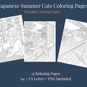 以下が含まれることがあります： 日本の夏の猫のシーンを描いた、白黒の塗り絵が3ページ。伝統的な環境にいる猫の詳細なイラストが含まれており、「Japanese Summer Cats Coloring Pages」と「Printable Coloring Pages」というテキストが表示されています。