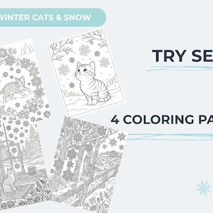 以下が含まれることがあります： 冬の猫をテーマにした4枚の塗り絵。雪景色の中の猫の線画、雪の結晶、冬の風景が描かれています。「Winter Cats & Snow」と「Try Set - 4 Coloring Pages」の文字も表示されています。
