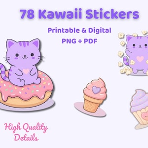 以下が含まれることがあります： 可愛い猫のイラストが描かれたデジタルステッカー。ステッカーには、ピンクのドーナツに乗った紫色の猫、アイスクリーム、カップケーキが含まれています。「78 Kawaii Stickers」と「Printable & Digital PNG + PDF」と書かれています。