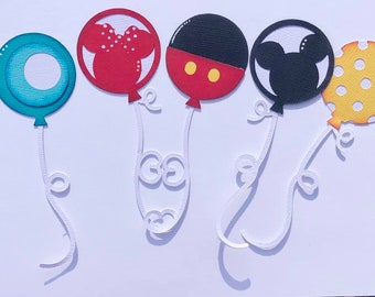 May include: Five paper balloons with different designs. One is turquoise blue, one is red with white polka dots and a black Mickey Mouse silhouette, one is black with a red Mickey Mouse silhouette, one is red with black polka dots and yellow, and one is yellow with white polka dots.