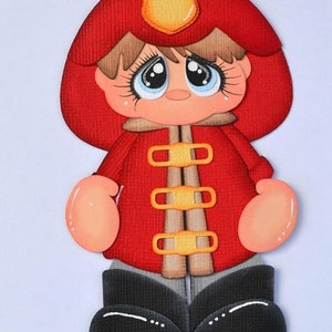 May include: A red felt firefighter costume with a yellow badge, brown hair, and black boots. The costume has a large hood and three yellow buttons.