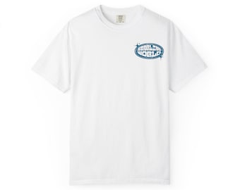 May include: White t-shirt with a blue oval graphic that reads "STARLING WORLD". The graphic is centered on the chest. The shirt has short sleeves and a crew neck.