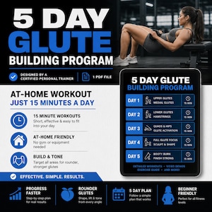 May include: A digital 5 Day Glute Building Program PDF guide featuring a workout schedule with daily 15-minute exercises. The layout includes text, icons, and a tablet display showing a five-day plan for glute training, targeting muscle groups.
