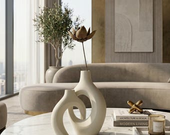 White Ceramic Vase Set of 2 Modern Minimalist Home Decor Nordic Style Vases for Living Room Entryway Table Ornament, Aesthetic Pottery Gift