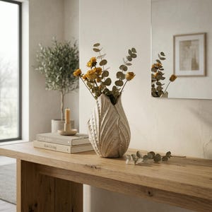 May include: A beige, textured vase with a leaf-like design holds dried yellow flowers and eucalyptus. The vase sits on a wooden table with a stack of books and a lit candle. A mirror and a small tree are in the background.