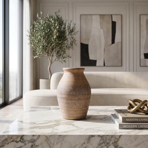 May include: A medium-sized, rounded terracotta vase with a weathered, earthy brown finish and a textured surface. The vase features a narrow neck and a wide, stable base, showcasing natural color variations and a matte, rustic appearance.
