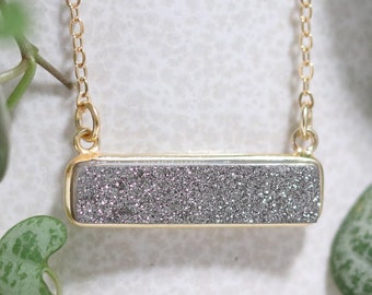 Silver Grey Baguette Druzy Gold Filled Necklace