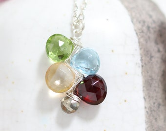 Multicolored Stones Peridot Garnet Sky Blue Topaz Citrine Pyrite Cluster Pendant Sterling Silver necklace