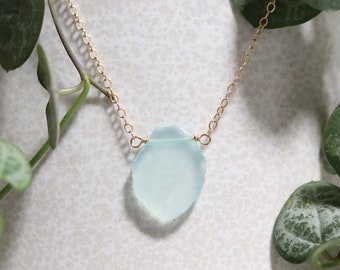 Organic Aqua Chalcedony Slab Gold FilledNecklace