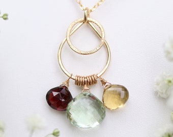 Green Amethyst Citrine Garnet Gold Filled Necklace