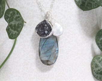 Labradorite//London Blue Topaz//Druzy//Pearl//Aqua Chalcedony//Sterling Silver Long Necklace