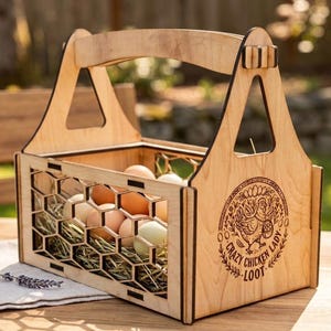 Könnte beinhalten: Ein Eierkorb aus hellem Holz mit einem Griff und einem sechseckigen Ausschnittmuster an den Seiten. Die Seitenwand zeigt ein kreisförmiges eingraviertes Design eines Huhns und den Text Crazy Chicken Lady Loot. Der Korb ist mit Stroh und Eiern gefüllt.