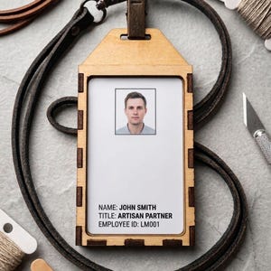 May include: A wooden ID badge holder with a leather lanyard. The badge displays a photo and the text: NAME: JOHN SMITH, TITLE: ARTISAN PARTNER, EMPLOYEE ID: LM001. The holder has a metal clip and is surrounded by spools of thread.