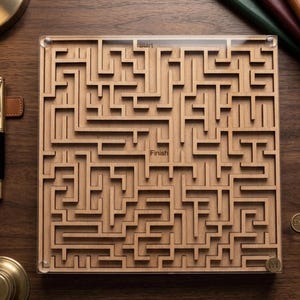 Può includere: Gioco del labirinto in legno con un piano in acrilico trasparente. Il labirinto quadrato ha un percorso complesso intagliato nel legno. Le parole "Start" e "Finish" sono visibili. Il gioco è su una superficie di legno scuro.