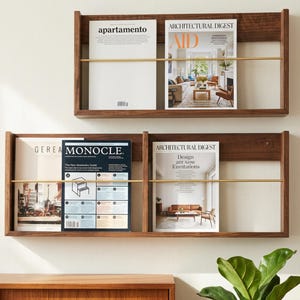 Walnut Wood Wall Mounted Magazine Rack with Brass Rail