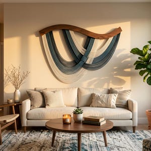 Op de afbeelding: Een grote wandhanger met een gebogen donkerhouten frame en gelaagde, gedrapeerde touwen in crème, blauwgroen en donkerblauw. De touwen zijn gerangschikt in overlappende, vloeiende bogen die een symmetrisch ontwerp op de muur vormen.