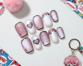 Unghie finte rosa e bianche fatte a mano in stile cartone animato pop art / Design con occhio di gatto e cuore a forma di rosa / Set di gel riutilizzabile in stile Y2K