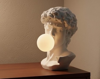 David Bust Table Lamp, Bubble Gum Pop Art Decor, Michelangelo Statue Night Light for Bedroom Decor