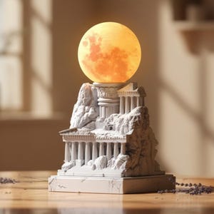 Puede incluir: Una lámpara decorativa con una esfera naranja brillante, que se asemeja a la luna, encima de una estructura arquitectónica blanca detallada. La estructura recuerda a ruinas antiguas, con columnas y detalles tallados. La lámpara está sobre una superficie de madera.