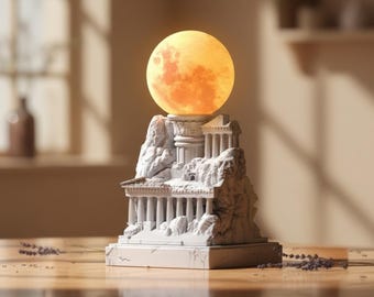 ホワイトギリシャ寺院ムーンディフューザーランプ 3Dプリントストーン ウォームLEDデスクナイトライト